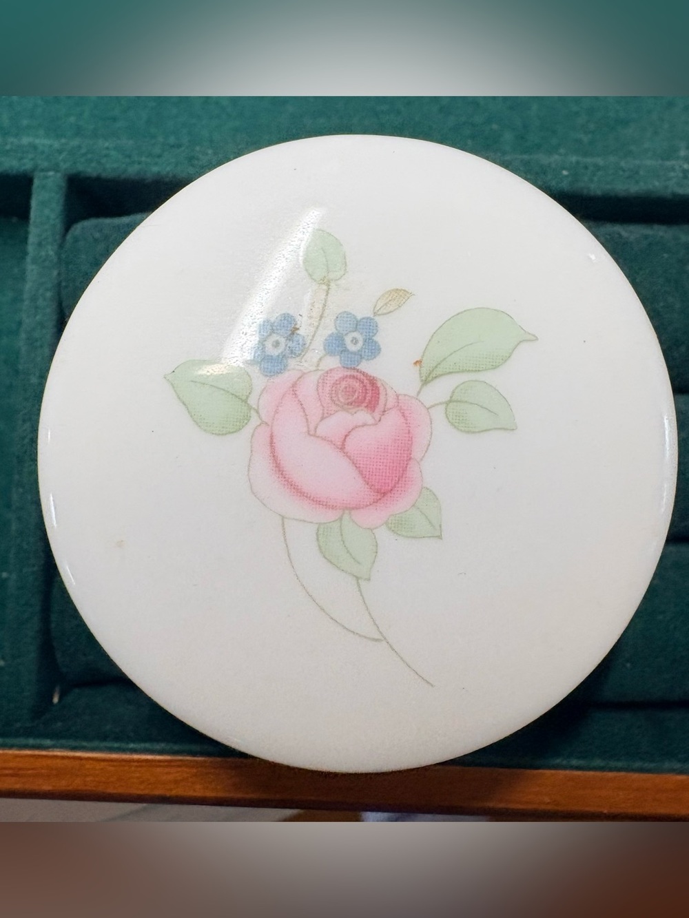 Wedgwood Bone China Rosehip Trinket Box with Pink Rose and Blue Accents